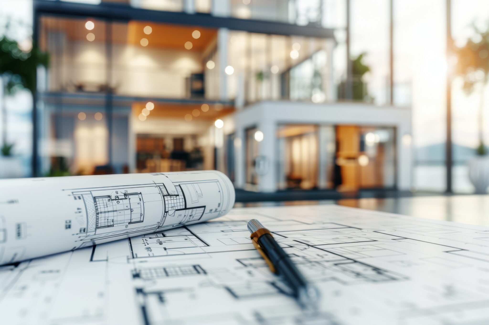 A blueprint of a house is laid out on a table with a pen next to it. Concept of creativity and planning, as the blueprint represents the design and layout of the house